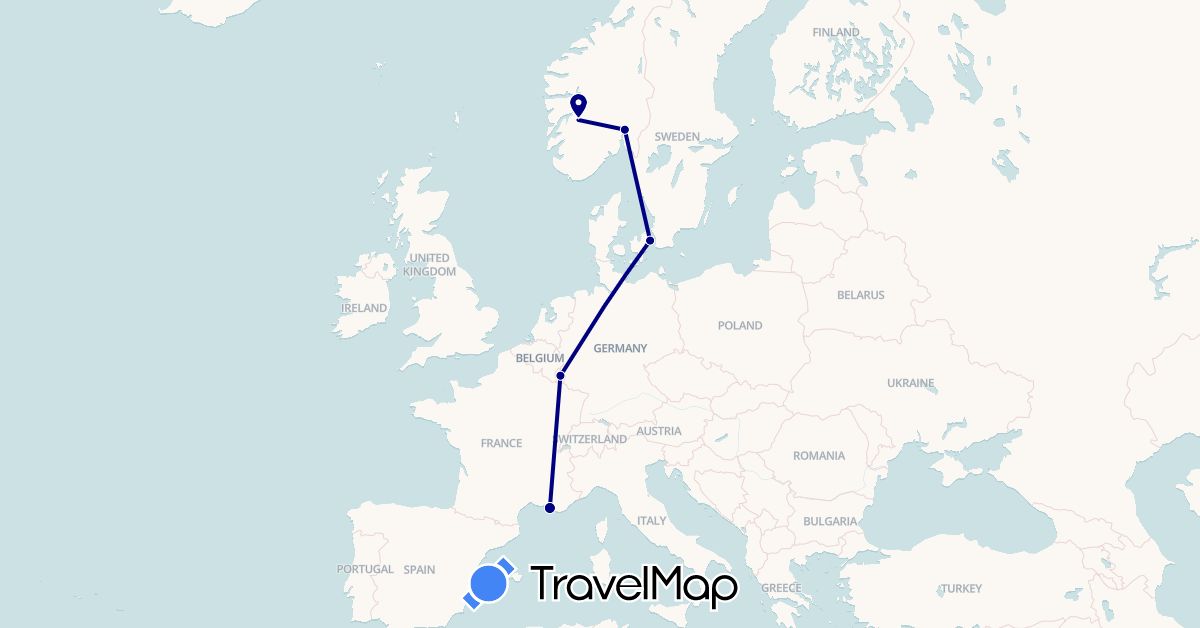 TravelMap itinerary: driving in Denmark, France, Luxembourg, Norway (Europe)